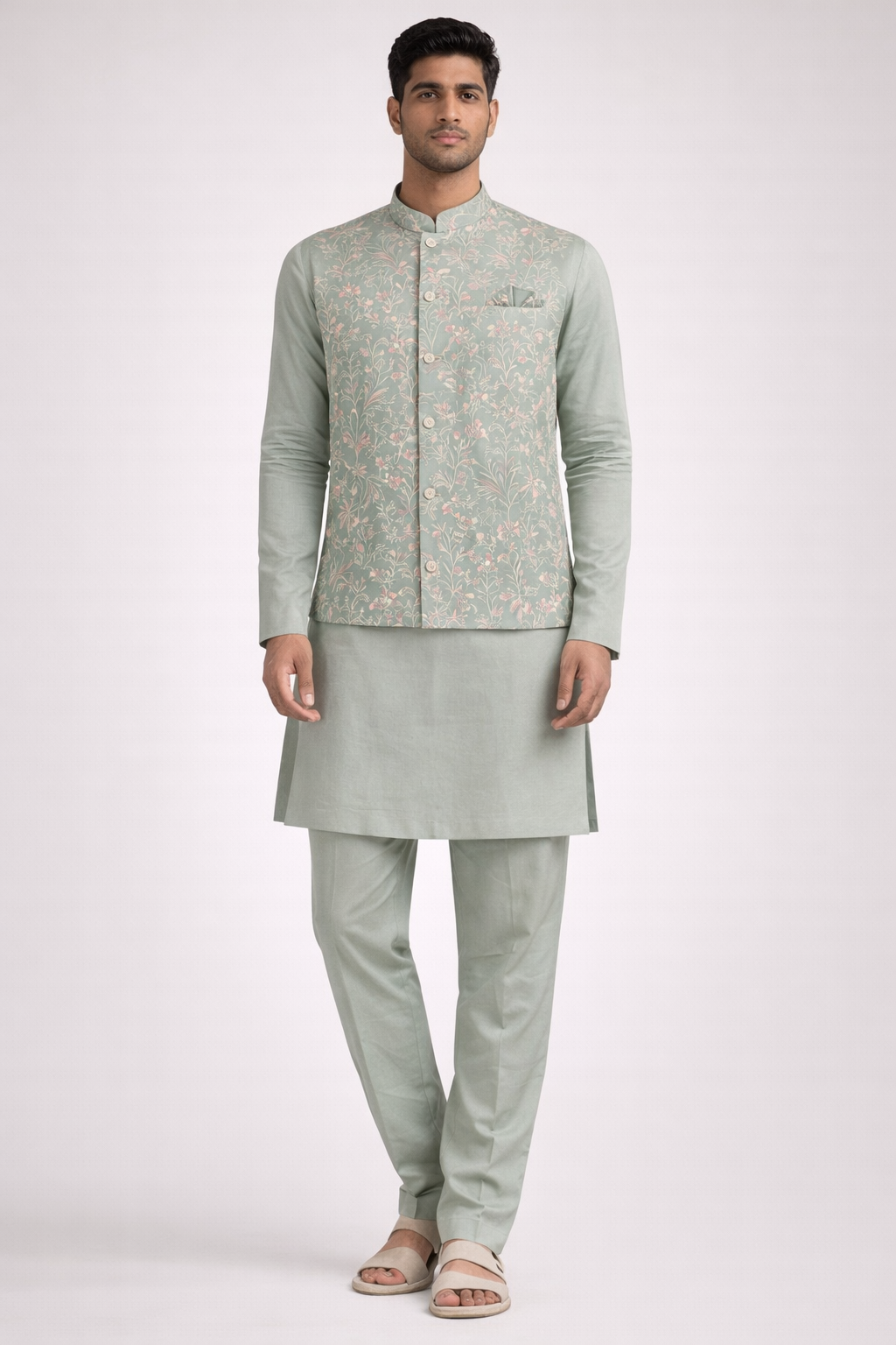 Sage Green Floral Embroidered Koti Kurta Set for Men