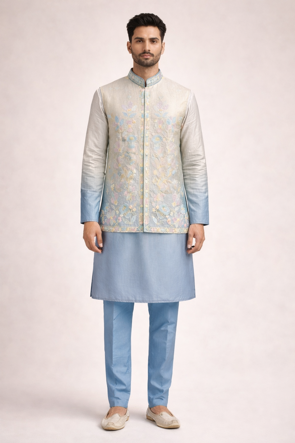 Pastel Ombre Embroidered Koti Kurta Set for Men