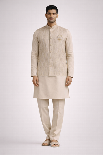 Ivory Geometric Embroidered Koti Kurta Set for Men