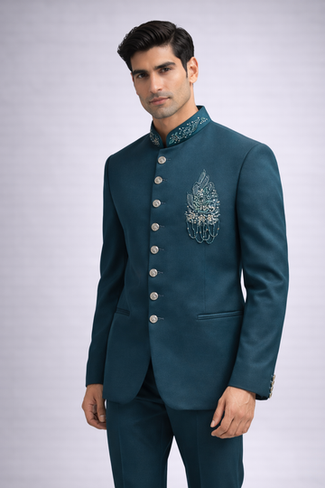 Teal Embroidered Designer Jodhpuri Set
