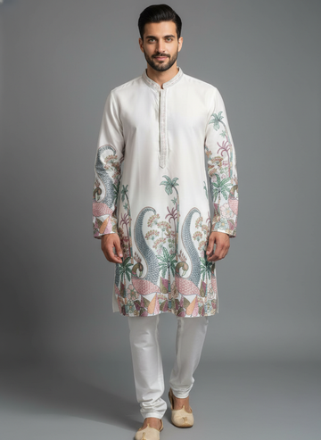Ivory Peacock Print Designer Kurta Set