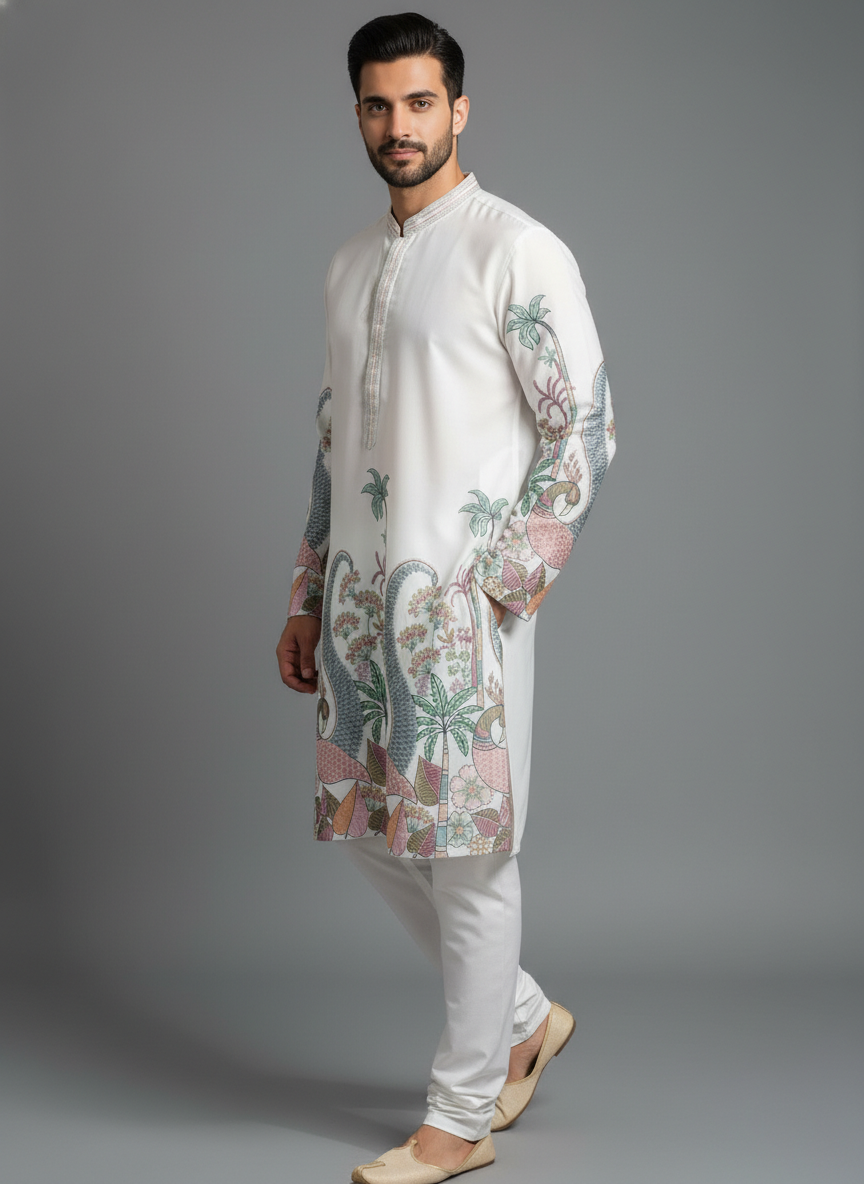 Ivory Peacock Print Designer Kurta Set