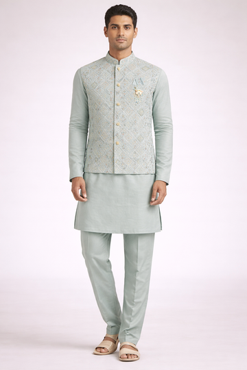 Pastel Mint Embroidered Koti Kurta Set for Men