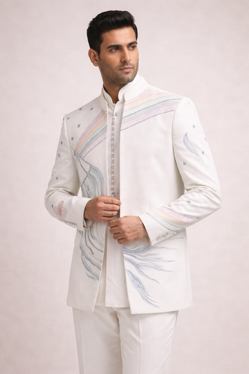 Off-White Open Jodhpuri Set with Pastel Hand Embroidery