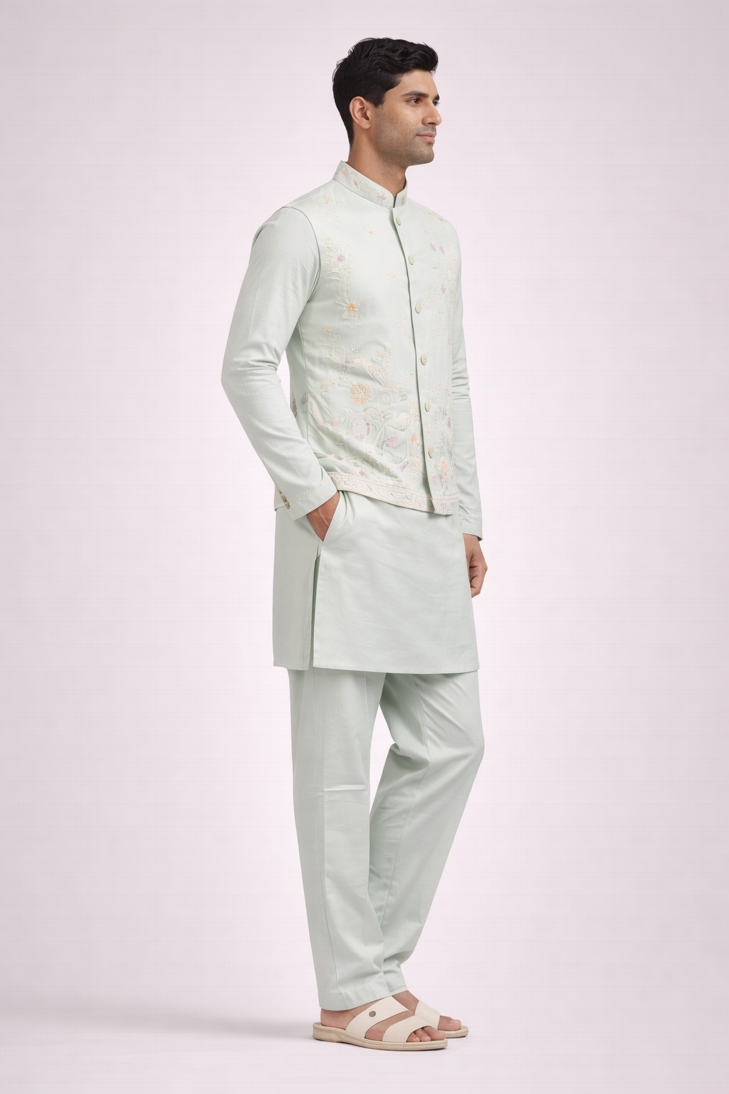 Pastel Mint Floral Embroidered Koti Kurta Set for Men