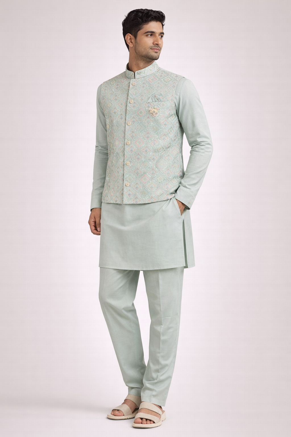 Pastel Mint Embroidered Koti Kurta Set for Men
