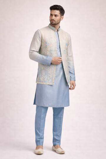 Pastel Ombre Embroidered Koti Kurta Set for Men