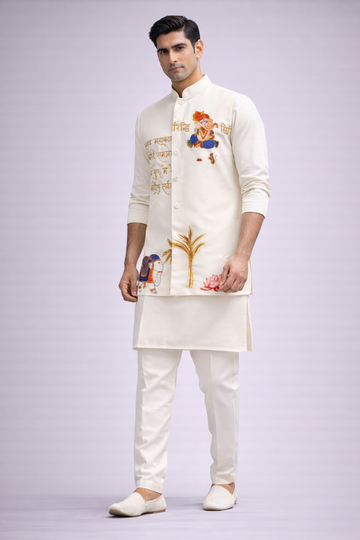 Ivory Ganesh Embroidered Koti Kurta Set for Men
