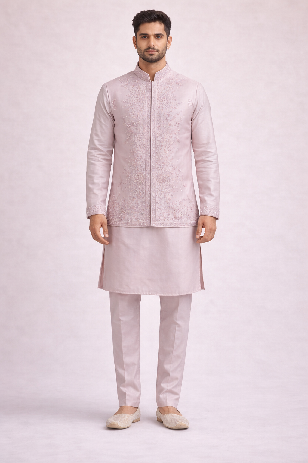 Pastel Pink Embroidered Koti Kurta Set for Men