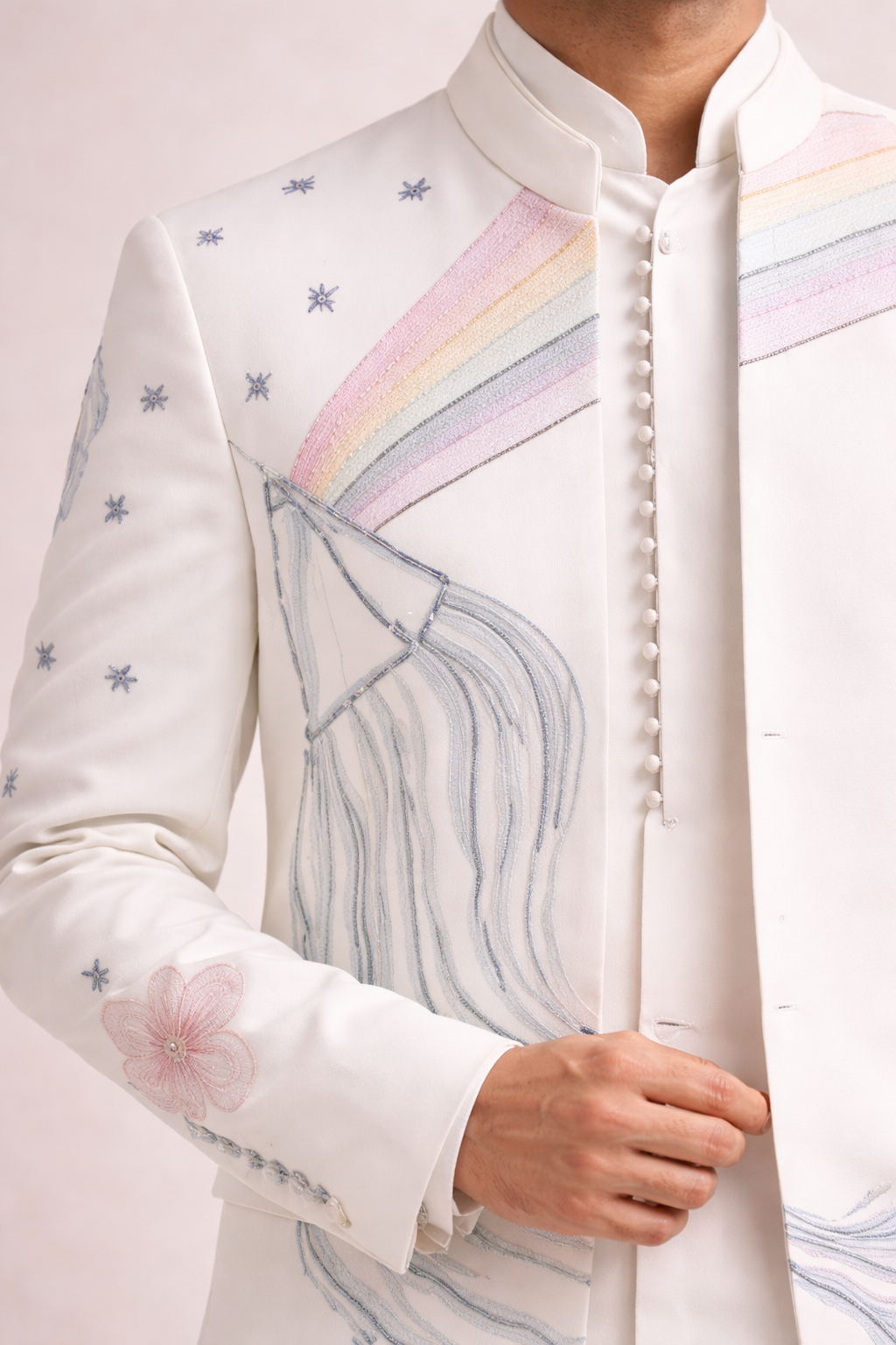 Off-White Open Jodhpuri Set with Pastel Hand Embroidery