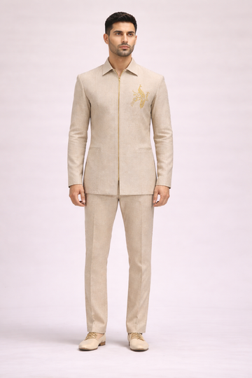 Beige Textured Jodhpuri Set with Shirt Collar and Gold Embroidery