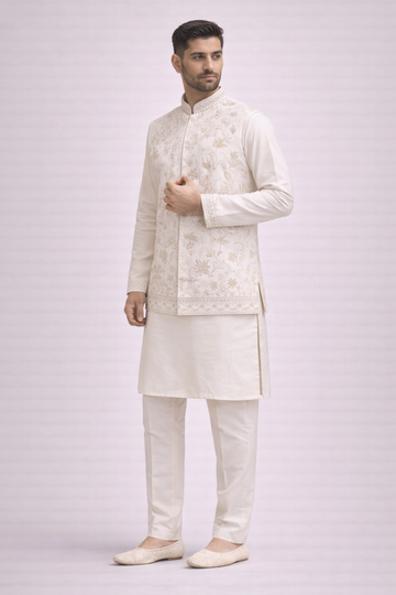 Ivory Embroidered Koti Kurta Set for Men