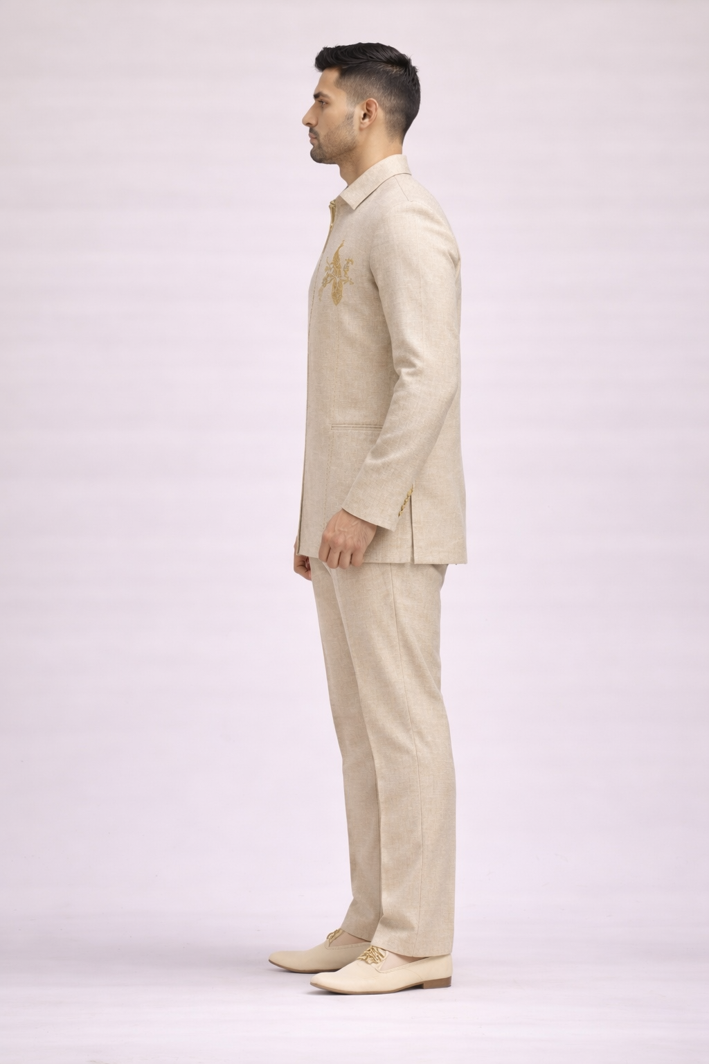 Beige Textured Jodhpuri Set with Shirt Collar and Gold Embroidery