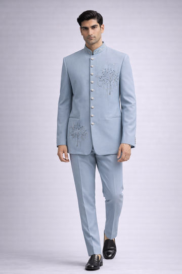Powder Blue Tree Embroidered Jodhpuri Set