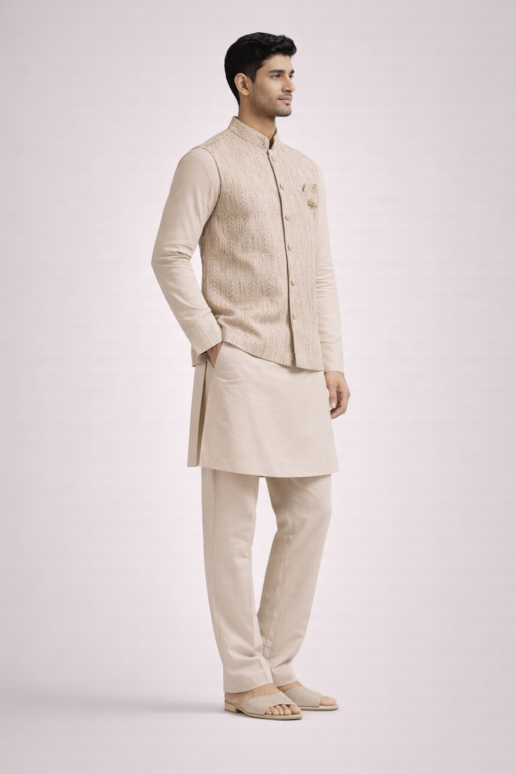 Ivory Geometric Embroidered Koti Kurta Set for Men