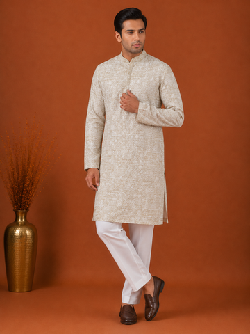 Beige Geometric Embrioded Premium Kurta
