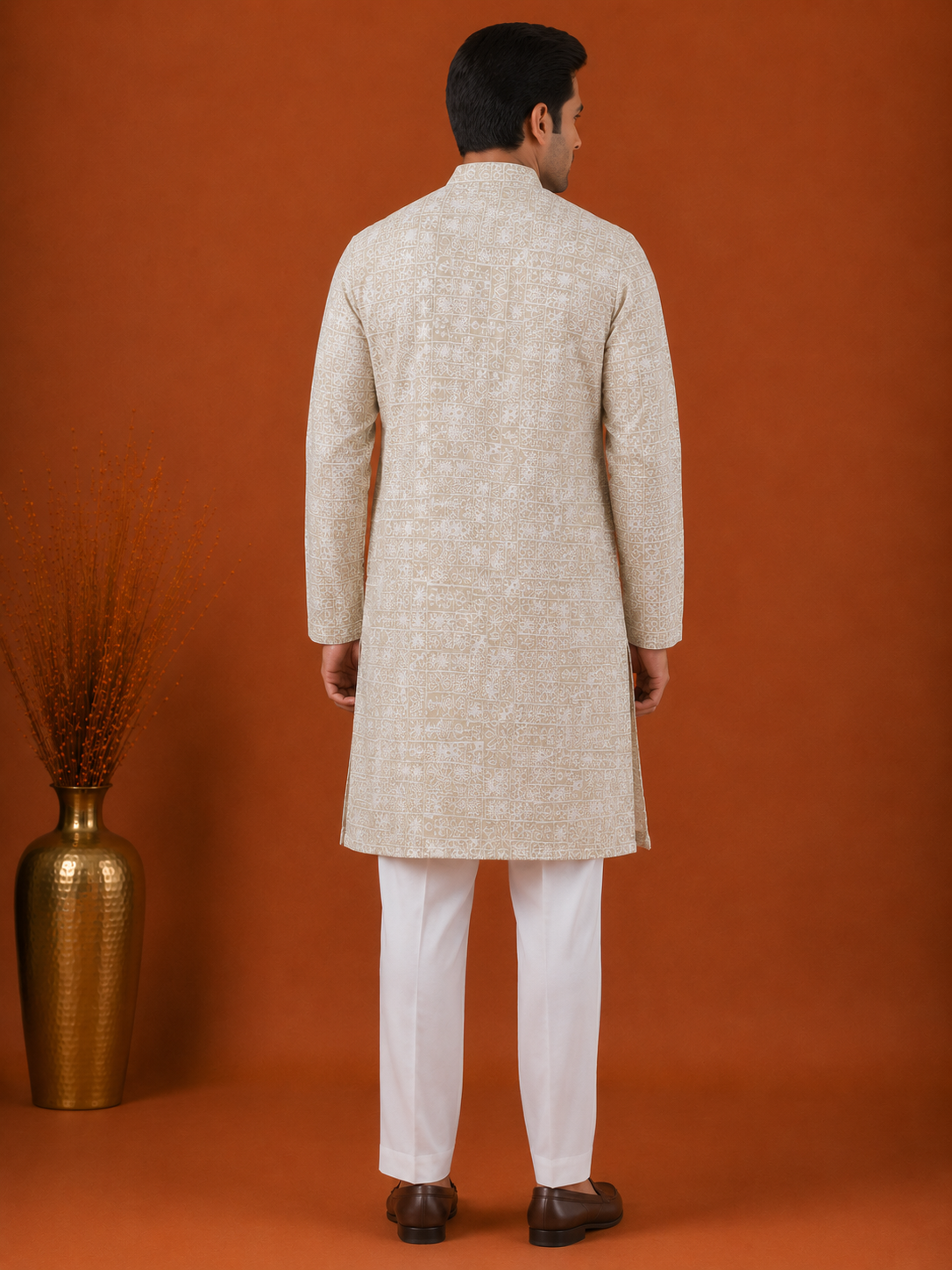 Beige Geometric Embrioded Premium Kurta