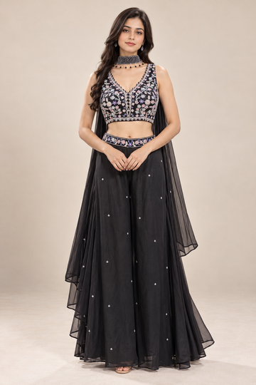 Black Embroidered Indo-Western Crop Top with Palazzo Pants & Cape Dupatta