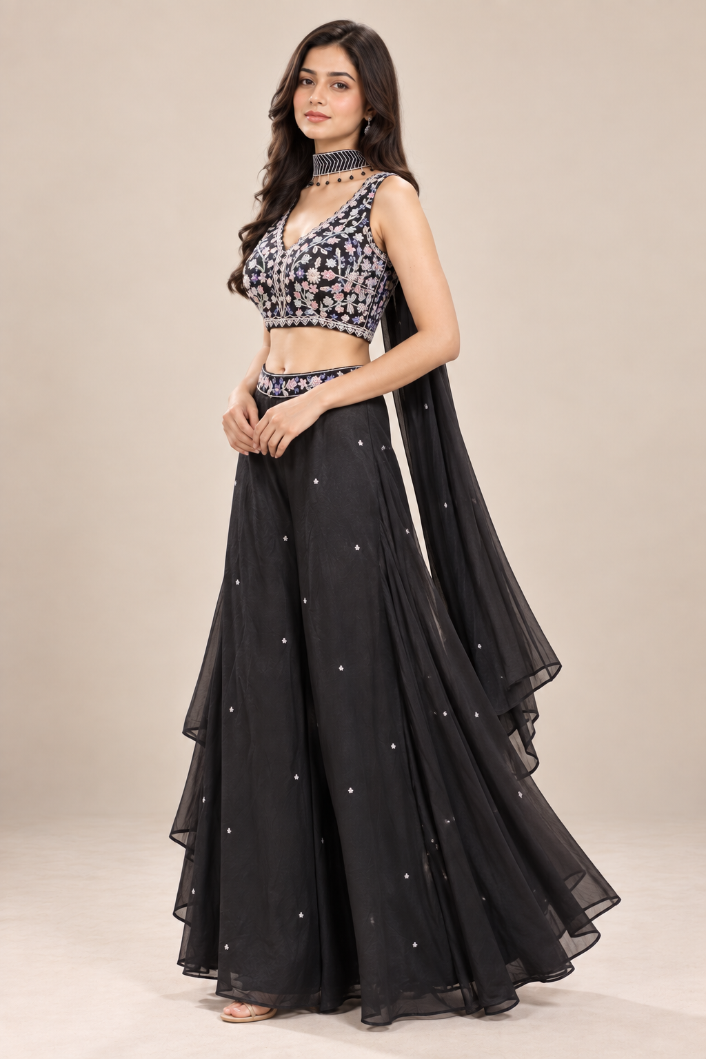 Black Embroidered Indo-Western Crop Top with Palazzo Pants & Cape Dupatta