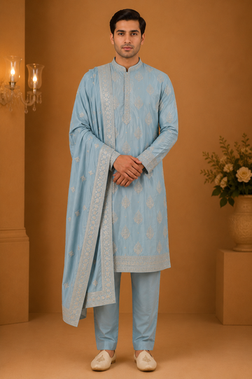 Blue Embroidered Kurta Set with Dupatta