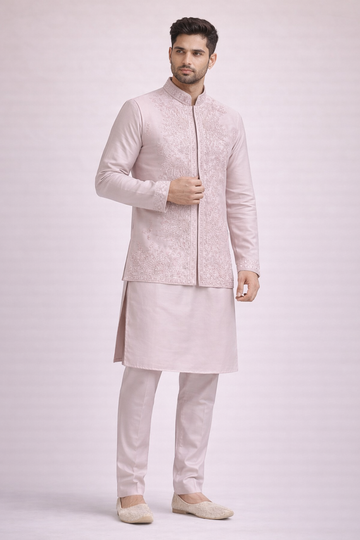 Pastel Pink Embroidered Koti Kurta Set for Men