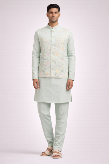 Pastel Mint Floral Embroidered Koti Kurta Set for Men