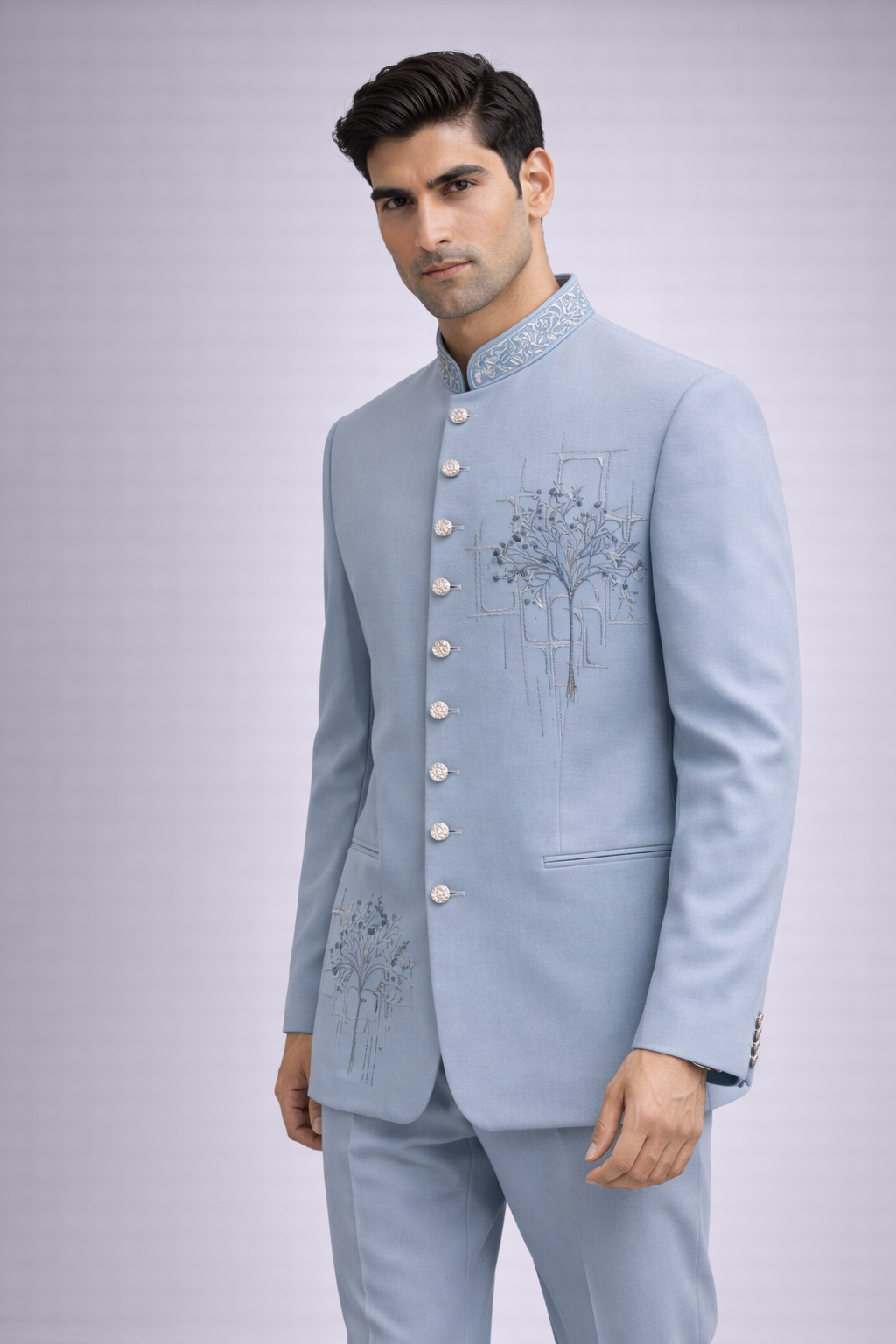 Powder Blue Tree Embroidered Jodhpuri Set