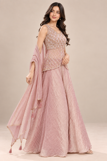 Dusty Pink Embroidered Peplum Top with Palazzo Pants & Dupatta