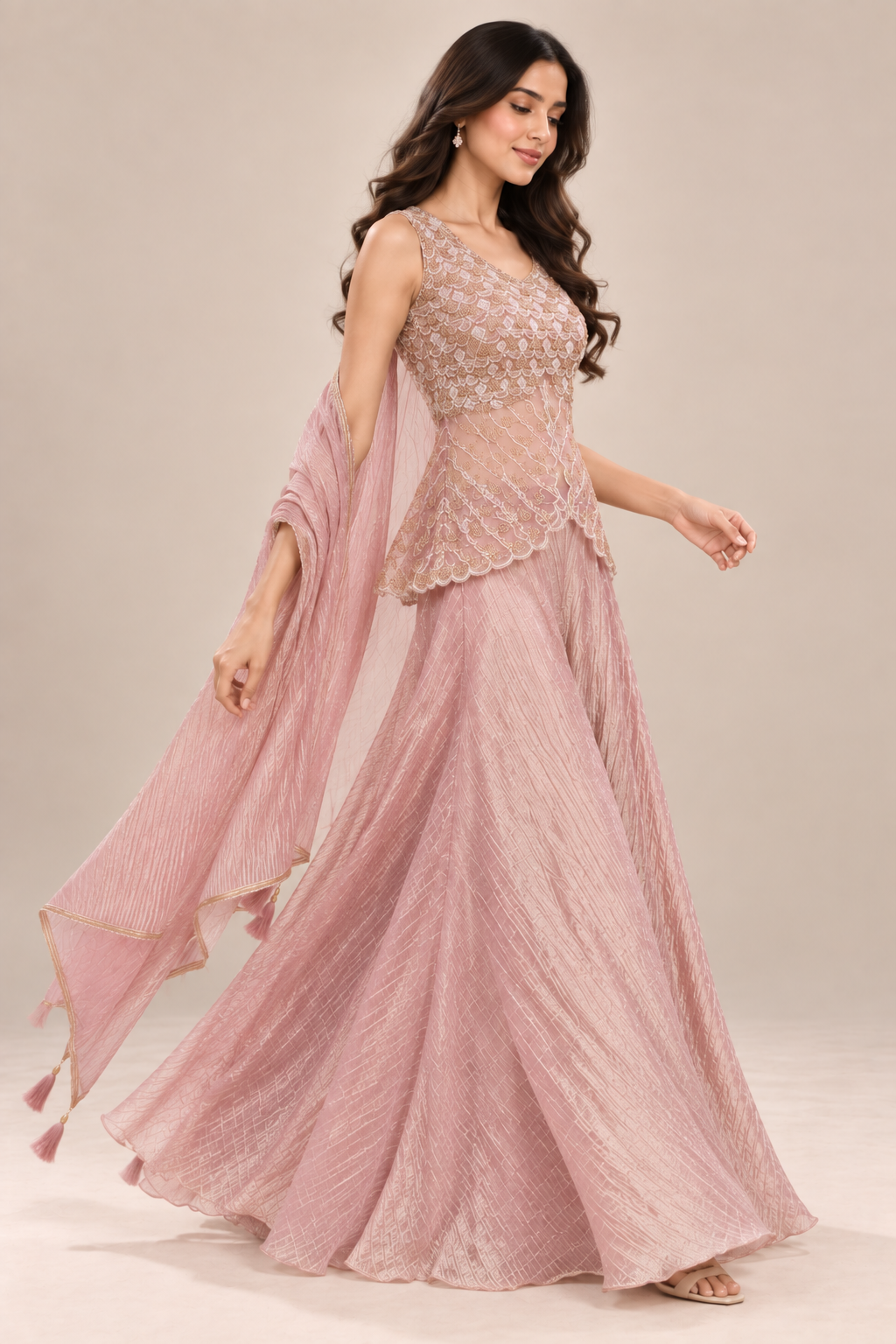 Dusty Pink Embroidered Peplum Top with Palazzo Pants & Dupatta