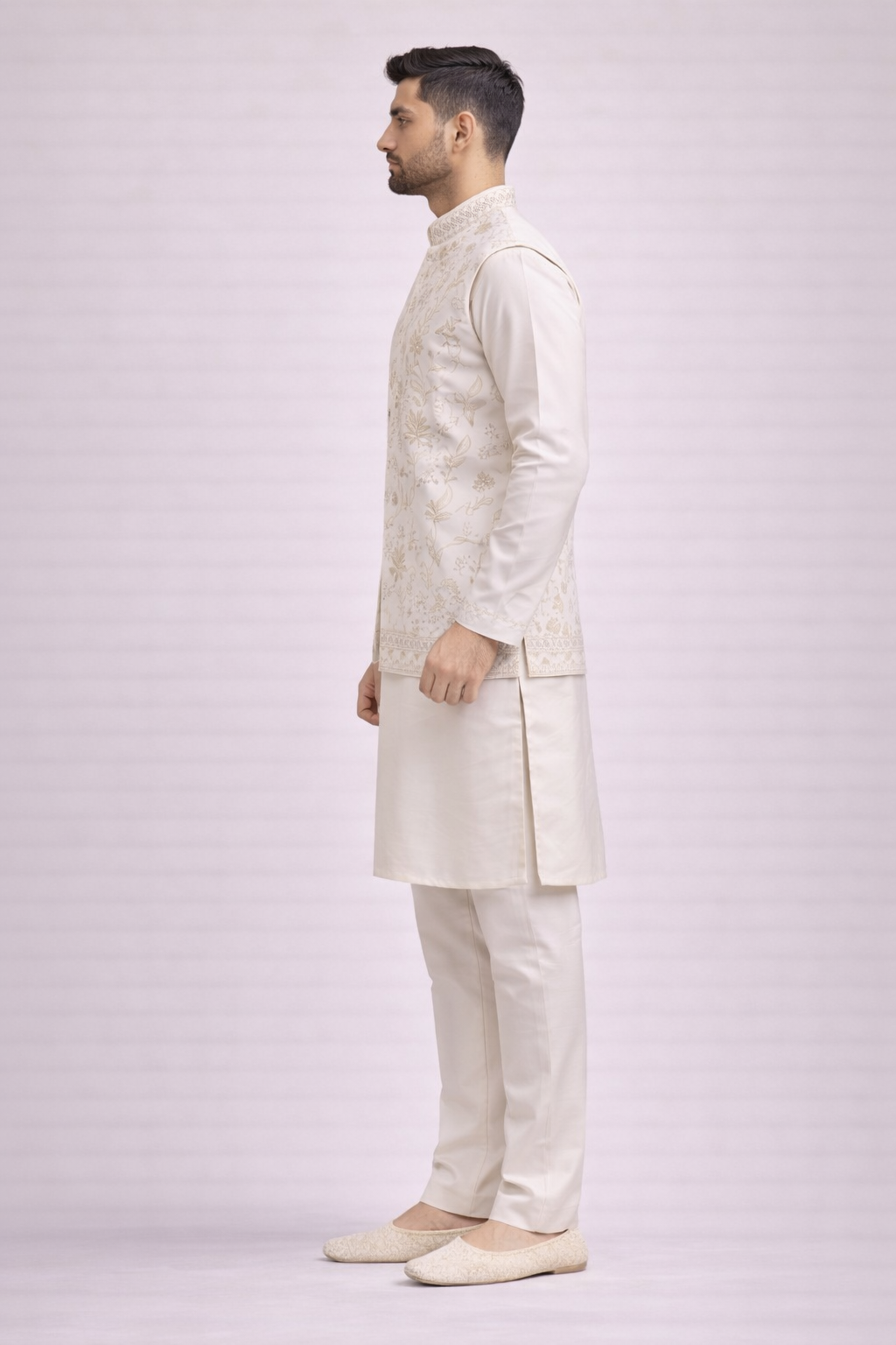 Ivory Embroidered Koti Kurta Set for Men