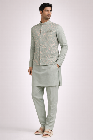 Sage Green Floral Embroidered Koti Kurta Set for Men