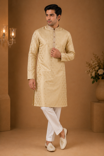 Golden Beige Printed Jacquard Festive Kurta