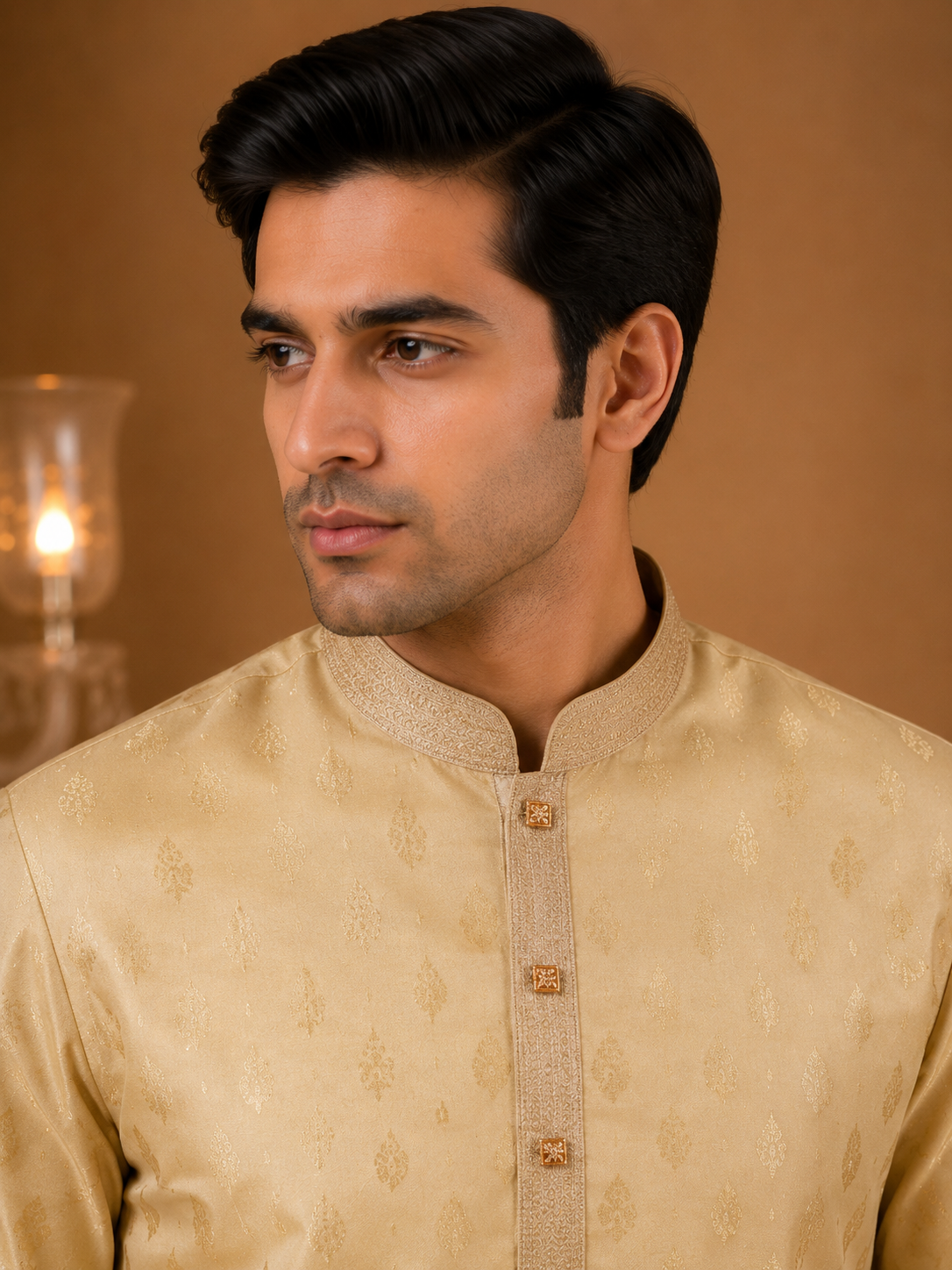 Golden Beige Printed Jacquard Festive Kurta