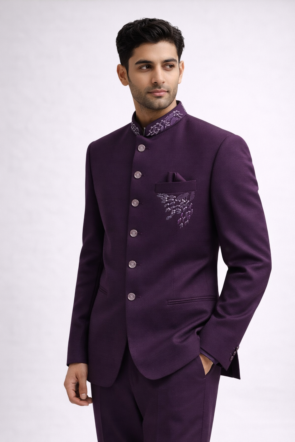 Royal Wine Embroidered Jodhpuri Set