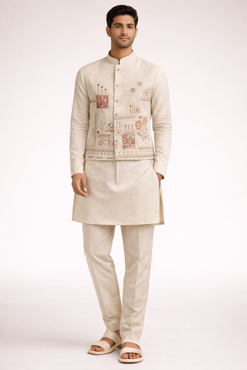 Ivory Hand-Embroidered Koti Kurta Set for Men – Premium Festive & Wedding Wear