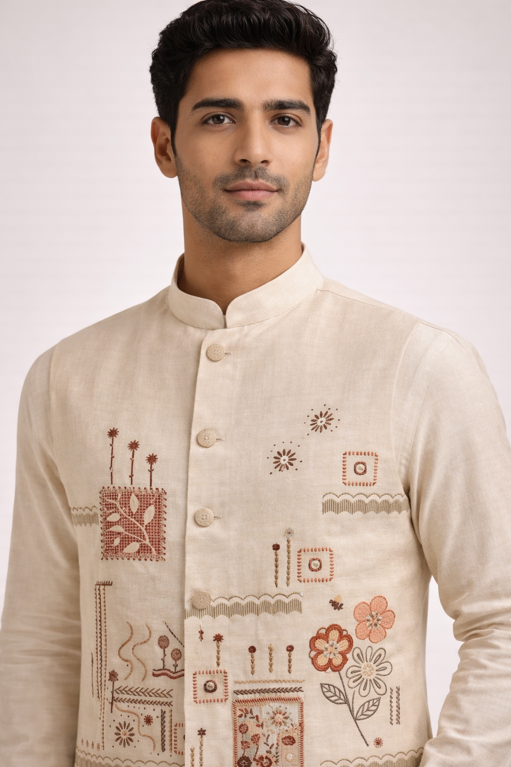 Ivory Hand-Embroidered Koti Kurta Set for Men – Premium Festive & Wedding Wear