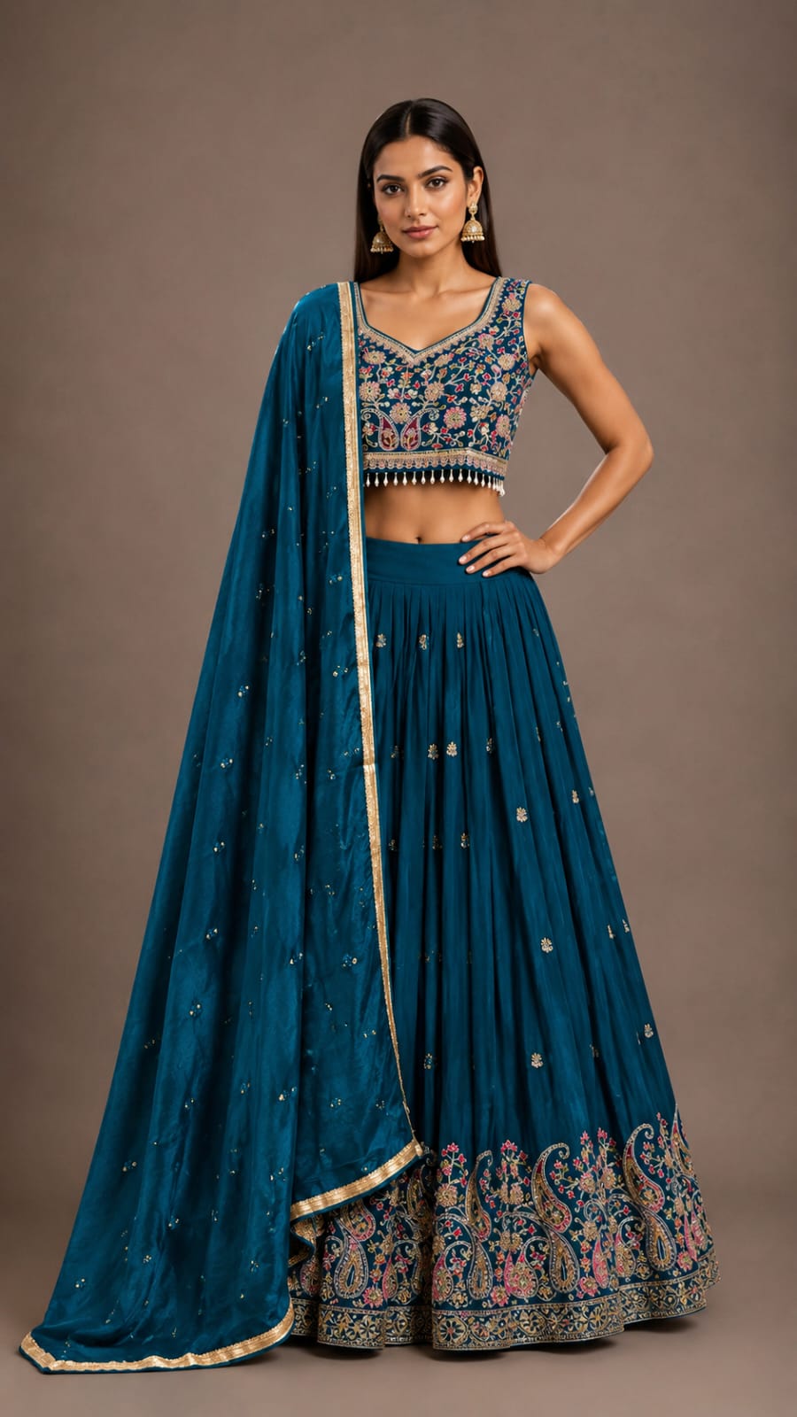Teal Blue Embroidered Lehenga Choli Set for Women with Dupatta
