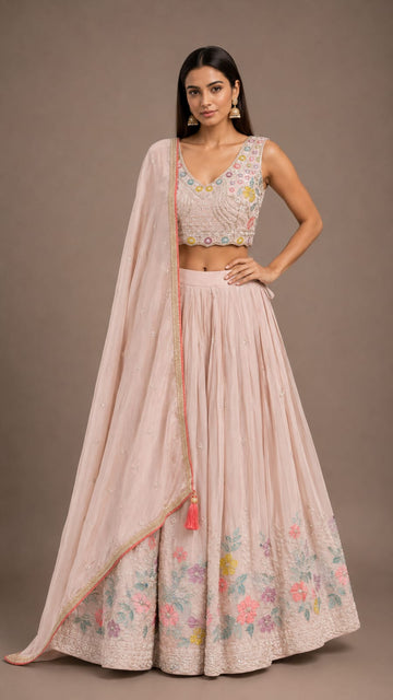 Blush Pink Floral Embroidered Lehenga Choli Set for Women with Dupatta
