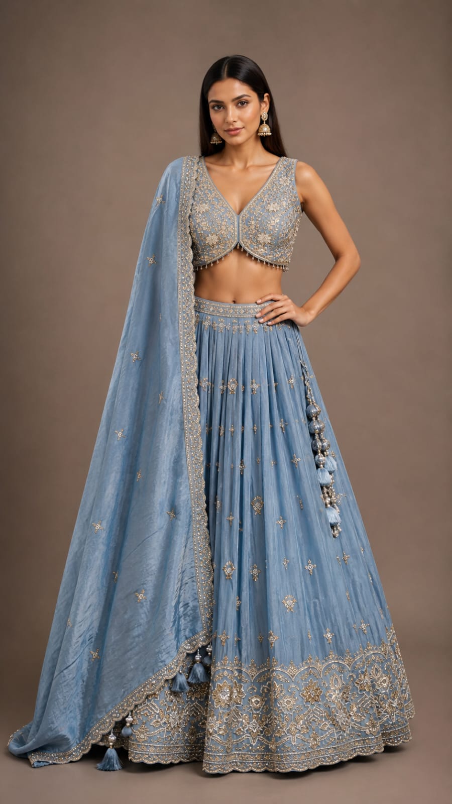 Powder Blue Embroidered Lehenga Choli Set for Women with Dupatta