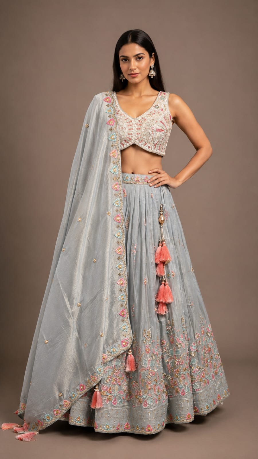 Pastel Grey Floral Embroidered Lehenga Choli Set for Women with Dupatta