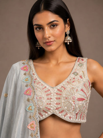 Pastel Grey Floral Embroidered Lehenga Choli Set for Women with Dupatta