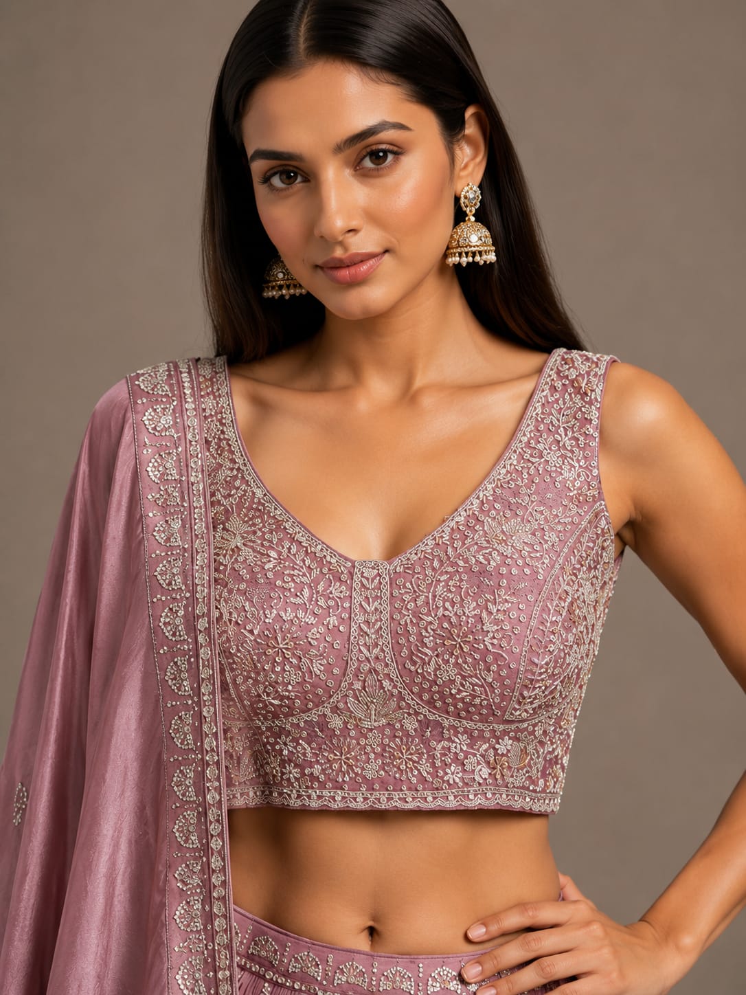 Pink Embroidered Lehenga Choli Set for Women with Dupatta
