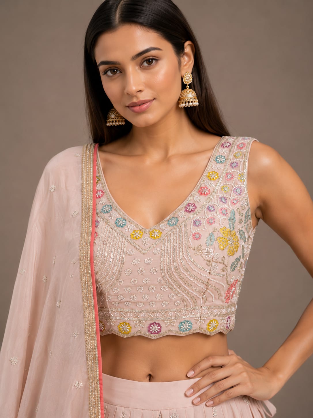 Blush Pink Floral Embroidered Lehenga Choli Set for Women with Dupatta