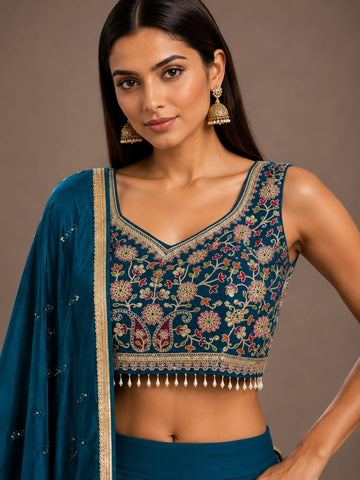 Teal Blue Embroidered Lehenga Choli Set for Women with Dupatta