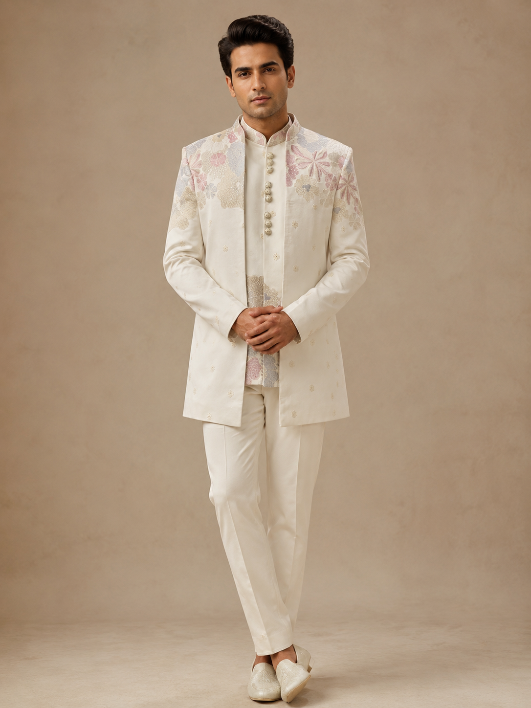 Ivory Floral Embroidered Open Jodhpuri Set for Men