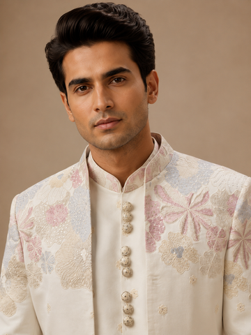 Ivory Floral Embroidered Open Jodhpuri Set for Men