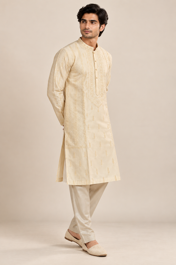 Ivory Embroidered Designer Kurta with Tonal Threadwork