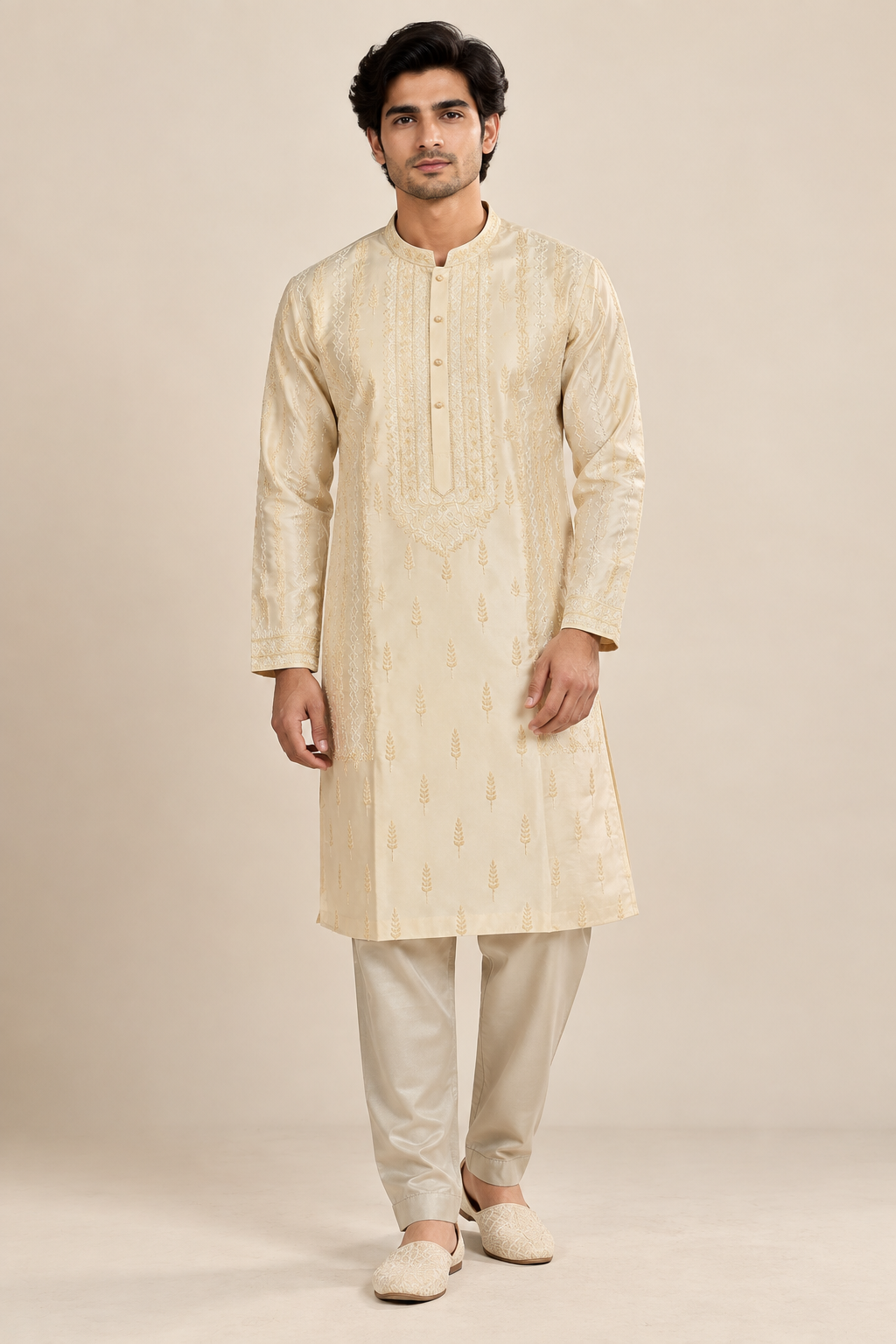 Ivory Embroidered Designer Kurta with Tonal Threadwork