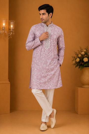 Lilac Floral Printed Embroidered Festive Kurta
