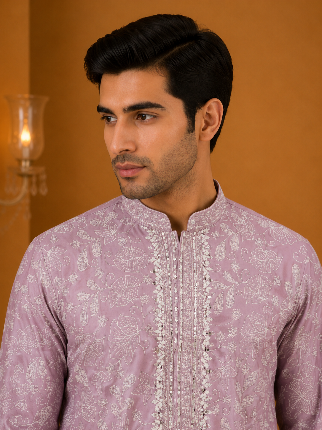 Lilac Floral Printed Embroidered Festive Kurta